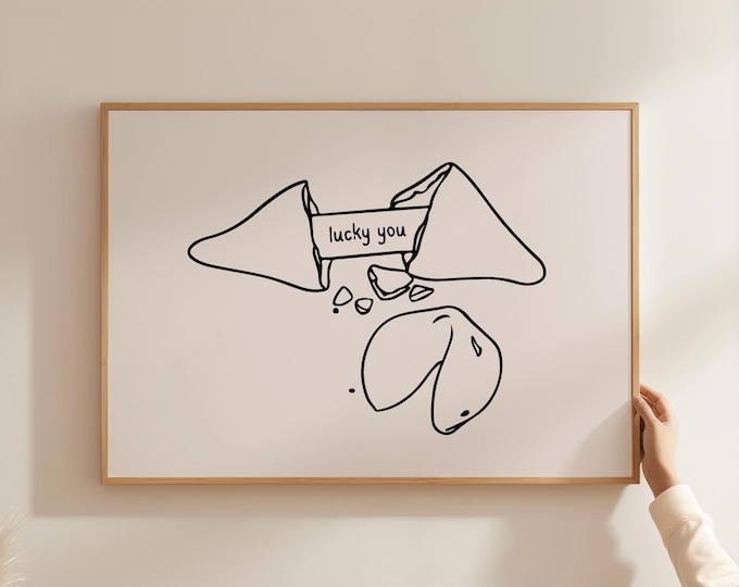 Lucky Fortune Cookie Print: Hand-Drawn Minimalist Dorm Art (Digital Download