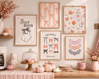 Pink Coquette Halloween Wall Art Set of 5, Ghost Bat Bow Printable Decor