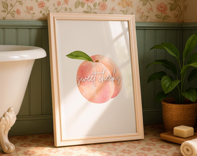Sweet Cheeks Peach Bathroom Print: Funny Watercolor Farmhouse Decor (Digital Download
