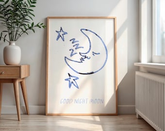 Good Night Moon Nursery Print, Blue Crescent Moon & Stars (Digital Download)