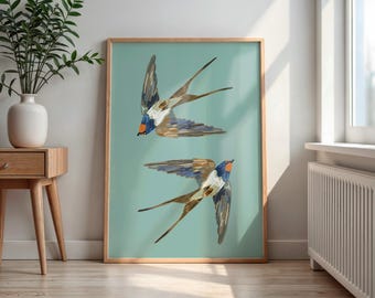 Sage Green Swallow Print Pair: Vintage Coastal Cottagecore Wall Art (Digital Download