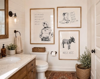 Funny Western Bathroom Wall Art Set of 3 Cowboy Powder Room Humor Rustic Farmhouse Printable Bathroom Prints