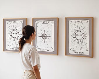 Sun Moon Star Tarot Prints Set of 3: Boho Celestial Wall Art (Digital Download)