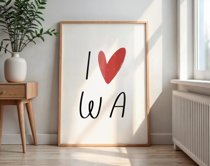 I Love Washington Print | WA Wall Art Poster | Pacific Northwest Home Decor | Modern Minimal State Wall Print | Digital Download