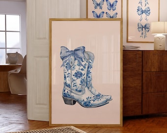 Chinoiserie Cowgirl Boots Print: Coquette Western Nursery Art (Digital Download)