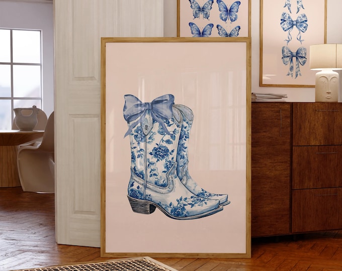 Chinoiserie Cowgirl Boots Print: Coquette Western Nursery Art (Digital Download)