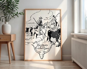 Vintage Bulls of Camargue Cowboy Art Print, Rustic Western Decor (Digital Download)