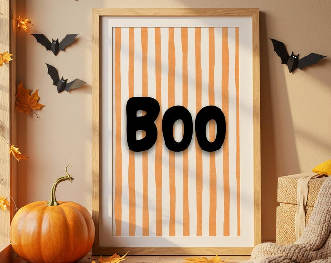 Boo Print Halloween Wall Art Orange Stripe Poster Minimalist Spooky Decor Cute Fall Printable Modern Typography Digital Download 1 Print