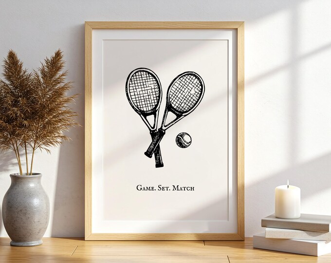 Game Set Match Print Tennis Wall Art Vintage Racket Poster Sporty Dorm Decor Preppy Quote Print Girly Apartment Art Digital Download 1 Print