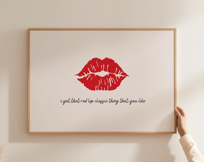 Red Lip Quote Print: Retro Typography, Minimalist Bedroom Art (Digital Download)