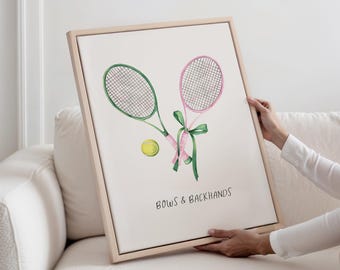 Girly Tennis Wall Art Bows and Backhands Pink Green Rackets Print Preppy Tennis Decor Nursery Dorm Bathroom Digital Download