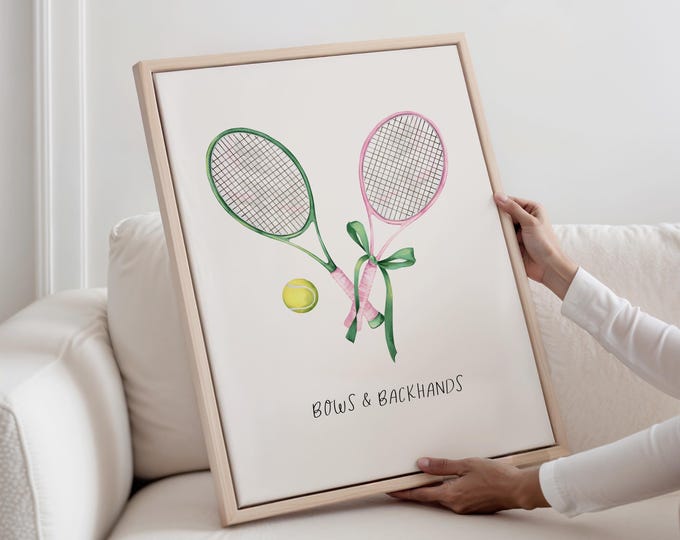 Girly Tennis Wall Art Bows and Backhands Pink Green Rackets Print Preppy Tennis Decor Nursery Dorm Bathroom Digital Download