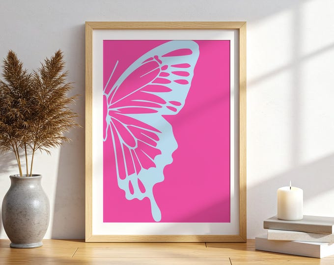 Butterfly Wall Art Pink Blue Minimalist Print Modern Aesthetic Decor Girly Bedroom Poster Preppy Dorm Room Wall Art Digital Download 1 Print