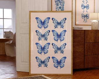 Chinoiserie Butterfly Print Coquette Wall Art Blue Insect Poster Feminine Nursery Decor Vintage French Country Chic Digital Download 1 Print
