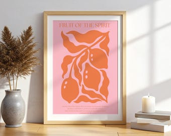 Fruit of the Spirit Print Pink Orange Bible Verse Wall Art Christian Scripture Poster Preppy Dorm Decor Girly Apartment Digital Download