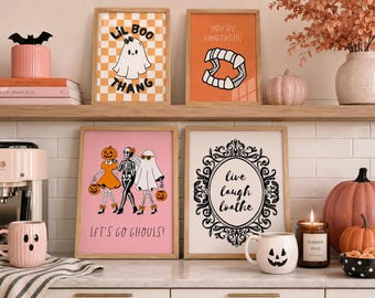Pink Halloween Gallery Wall Art Set, Ghost Skeleton Vampire Fangs (Digital Download)