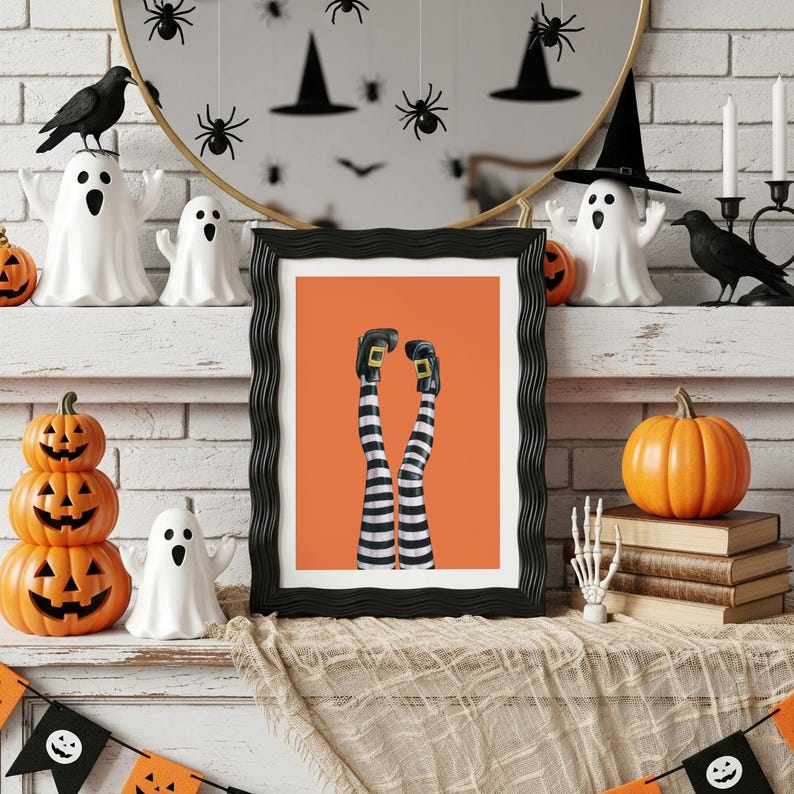 Witch Legs Halloween Print, Orange Wall Art Printable, Striped Witch ...