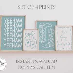 Coastal Cowgirl Printable Wall Art | Set of 4 Blue Western Prints Yeehaw Boots Long Live Cowgirls Cherry Ace Cards Instant Digital Download