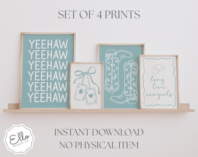 Coastal Cowgirl Wall Art Set: Blue Western Prints (Digital Download)