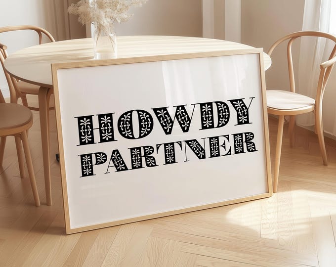 Howdy Partner Print | Western Floral Wall Art | Rustic Cowboy Typography Sign | Farmhouse Ranch Decor | Digital Download 1 Print