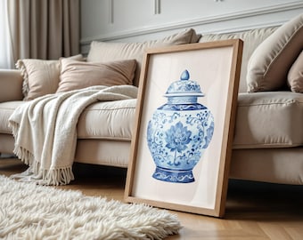 Chinoiserie Ginger Jar Print, Blue & White Pottery Art (Digital Download)