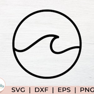 May include: Black and white line art design of a wave inside a circle. The design is perfect for creating a logo, sticker, or other craft project.