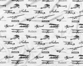 Vintage Airplane baby blanket- monogram baby blanket, customized baby blanket, baby boy gift, airplane nursery, travel theme baby nursery