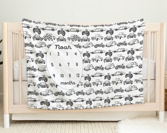 Personalized Monthly Milestone Baby Blanket - vintage cars and motorcycles, customized, monogram baby blanket, baby boy gift