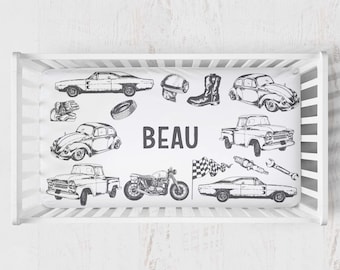 Vintage Cars Crib Sheet. Fitted Crib Sheet. Minky crib sheet with name. Jersey Changing pad cover. Cars Crib Sheet. Cars baby nursery.
