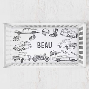 Vintage Cars Crib Sheet. Fitted Crib Sheet. Minky crib sheet with name. Jersey Changing pad cover. Cars Crib Sheet. Cars baby nursery.