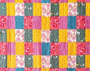 Handmade Baby Quilt - Patchwork baby quilt, pink patchwork quilt, baby blanket, pink, yellow, turquoise, colorful baby nursery