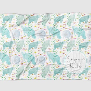 Manatee Baby Blanket - baby blanket with friendly watercolor manatees and fish, can be customized, monogram baby blanket, Florida baby gift
