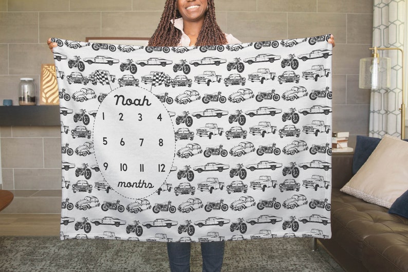 Personalized Monthly Milestone Baby Blanket vintage cars and motorcycles, customized, monogram baby blanket, baby boy gift image 2