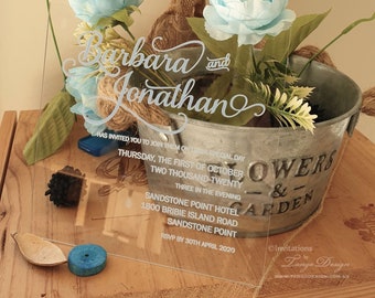 Transparent wedding invitations, Acrylic Invitation. Clear Acrylic Invitations Formal Invite gold blue white ink. Lucite plastic invites.