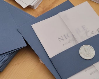 Dusty Blue Vellum Wedding Invitations, Floral Print Wrap, Pearlescent Envelopes