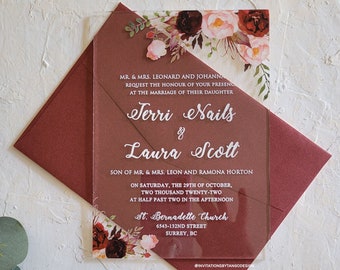 Acrylic Wedding Invitations, Clear Invitation, Boho Wedding Invites, Navy burgundy and blush acrylic plexiglass floral design, white ink