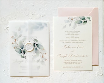 Wedding card, invitation card. Elegant minted vellum design. Bridal Wedding invitations online, Custom printing invitation rustic greenery
