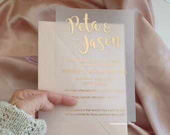 Vellum Wedding Invitation, Gold Foil Script, Rose Gold Metallic Finish, Transparent Card Envelopes