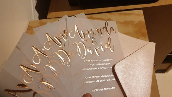 Rose Gold wedding vellum invitations sample. REAL Gold Foil invitation clear. Rose Gold Foil invites metallic. Vellum Invitation Rose Gold Il_570xn