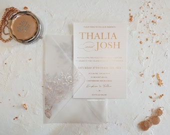 VELLUM Envelope Foil Envelope + Wedding Invitations. Vellum wrap invitation Rose Gold Printed + Botanical invitation card.