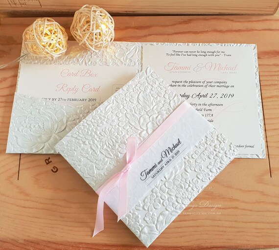 Pocketfold Wedding Invitations. Embossed boho invitation. Floral pocket