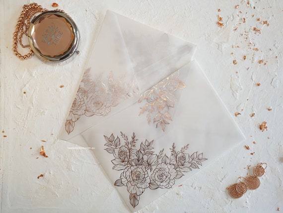 Clear Vellum Envelopes Rose Gold Floral Foil Printed for Your