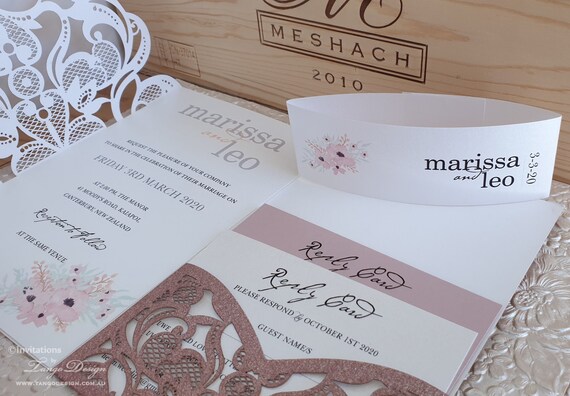 Wedding Invitation Dusty Pink Rose Glitter. Laser Cut Lace Pocket Fold Glitter Invite. Pink Glitter design invites. Lasercut invitation. Il_570xn