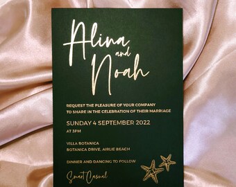 Beach Invitations, Vellum Gold foiled and black Wedding Invitation, Black and White Invite. Rose Gold Hot foil. Modern and elegant.