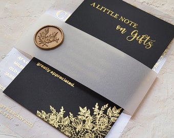 Clear wedding invitations with wax seal. Gold Wedding Invitation set, Foil Vellum Invites, Lux Rosegold invitations and card. Transparent.