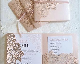 Etsy wedding invitations,   Wedding Cards Laser Cut Pocket invitation. Blush, Rsvp Card Rose floral invites. Birthday Invites Christening