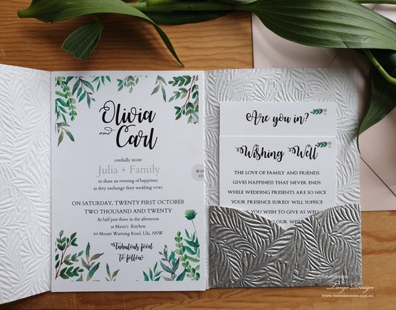 Greenery Wedding Invitation Set. Leaf Eucalyptus Wedding Invitations with Belly Band + RSVP card, Botanical Wedding Boho garden Invites Il_570xn