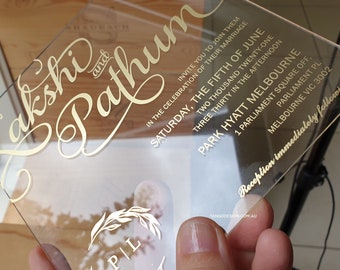 Acrylic Wedding Invitation. Gold Clear Acrylic Invitations Formal Invite UV. Custom Lucite plastic invites. Luxury invitations.