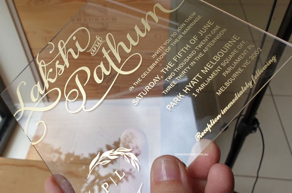 Acrylic Wedding Invitation. Gold Clear Acrylic Invitations Formal Invite UV. Custom Lucite plastic invites. Luxury invitations. Il_570xn