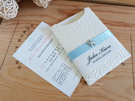 BEACH birthday Invitation summer party invites. 18th Starfish on mermaid pocket card invites. Girl quince Sweet 16, 15 sixteen, Quinceanera Il_570xn